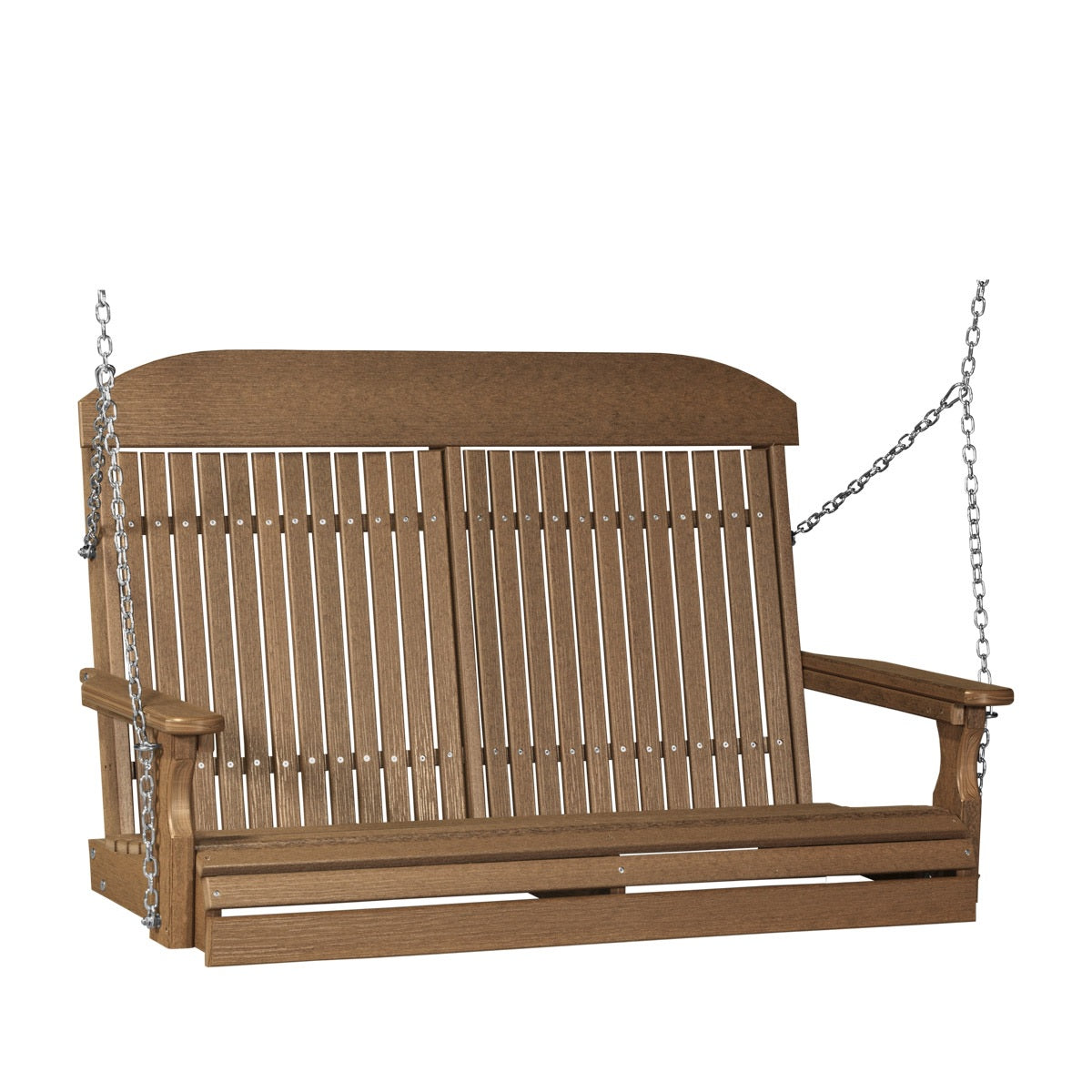 This image shows off the Antique Mahogany colored Adirondack porch swing on a white background.