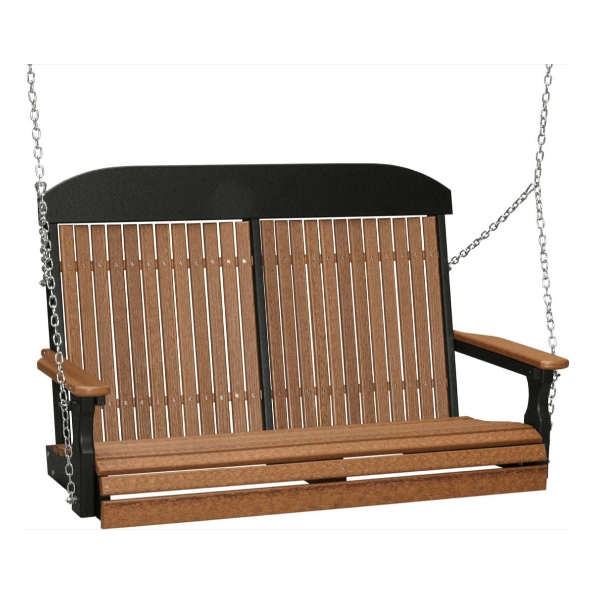 This image shows off the Antique Mahogany and Black colored Adirondack porch swing on a white background.
