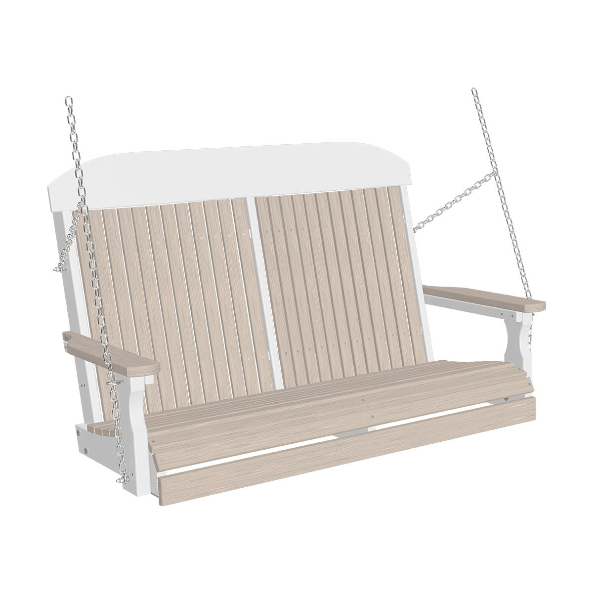 This image shows off the Birch and White colored Adirondack porch swing on a white background.