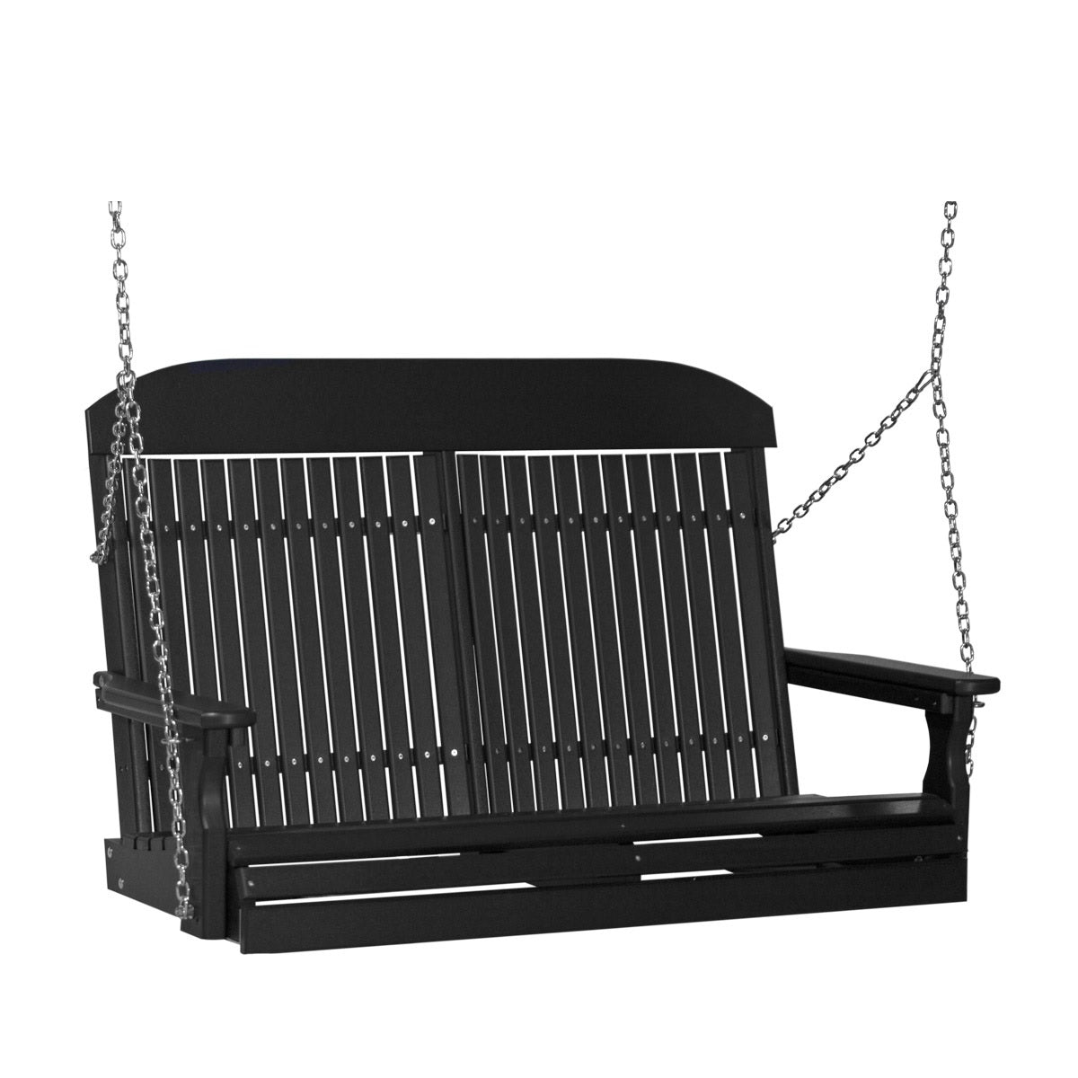 This image shows off the Black colored Adirondack porch swing on a white background.