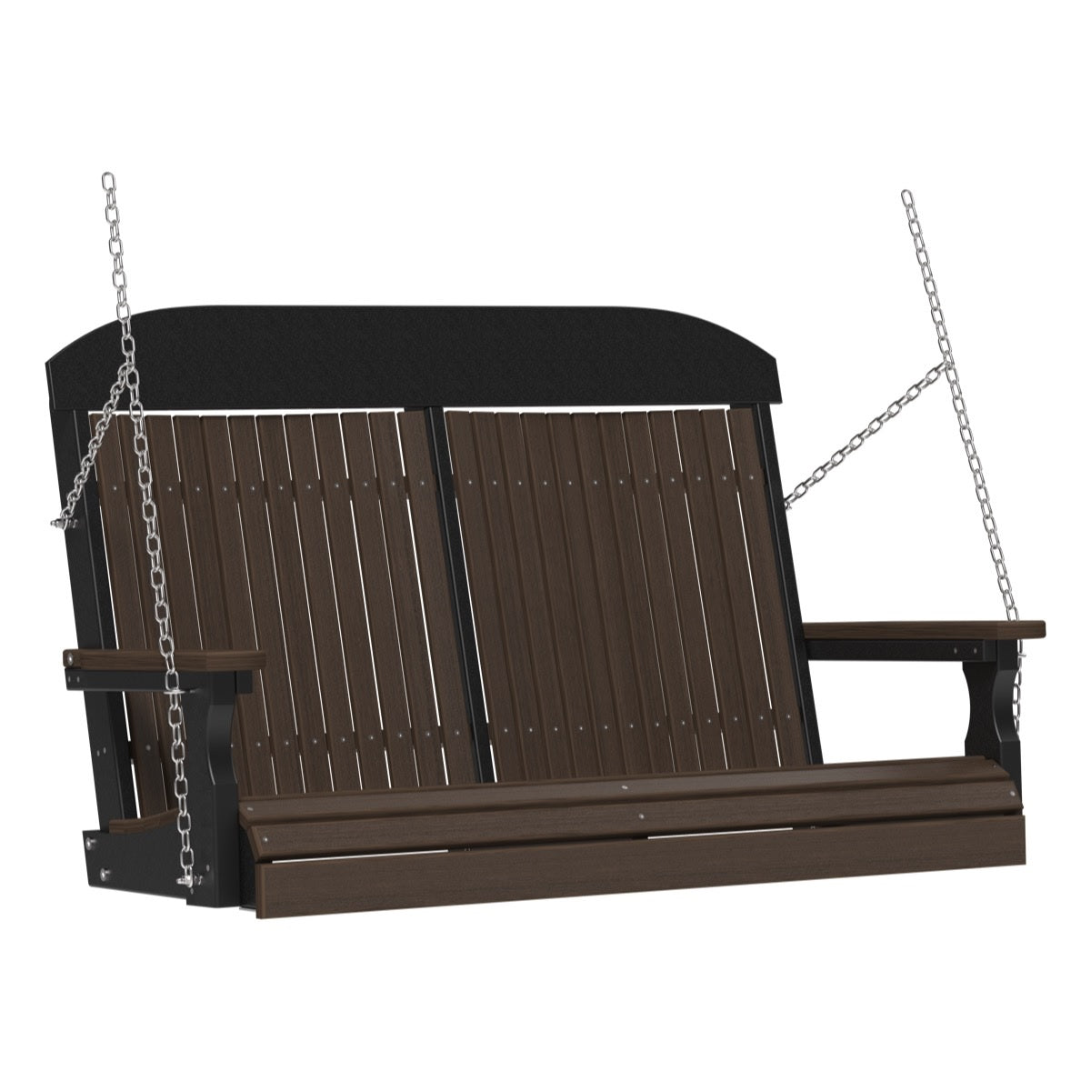This image shows off the Brazilian Walnut and Black colored Adirondack porch swing on a white background.