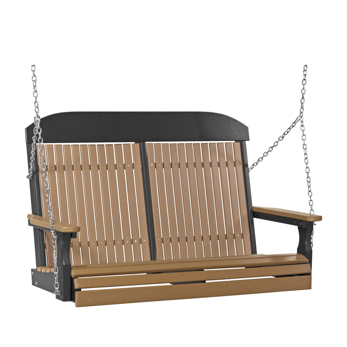 This image shows off the Cedar and Black colored Adirondack porch swing on a white background.