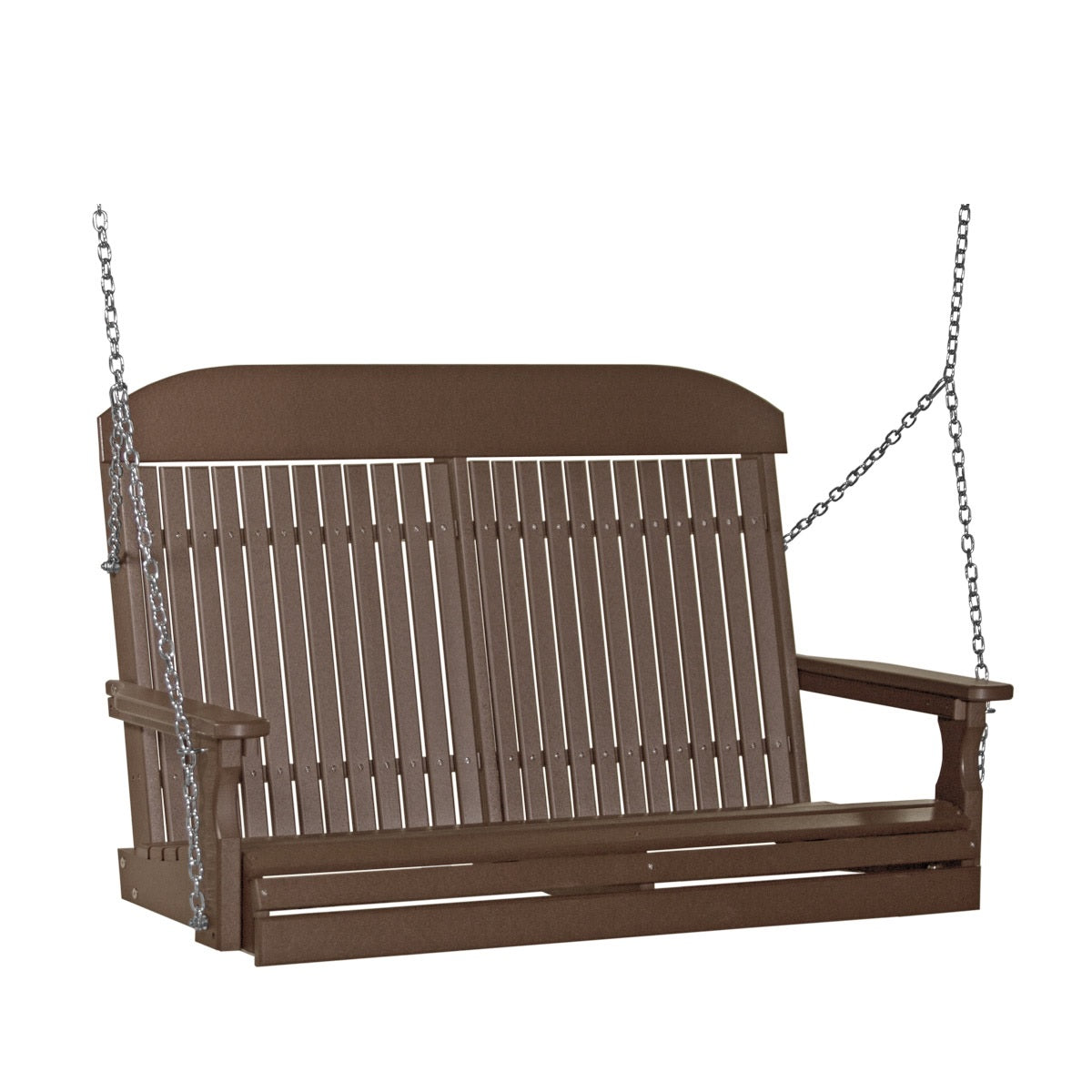 This image shows off the Chestnut Brown colored Adirondack porch swing on a white background.