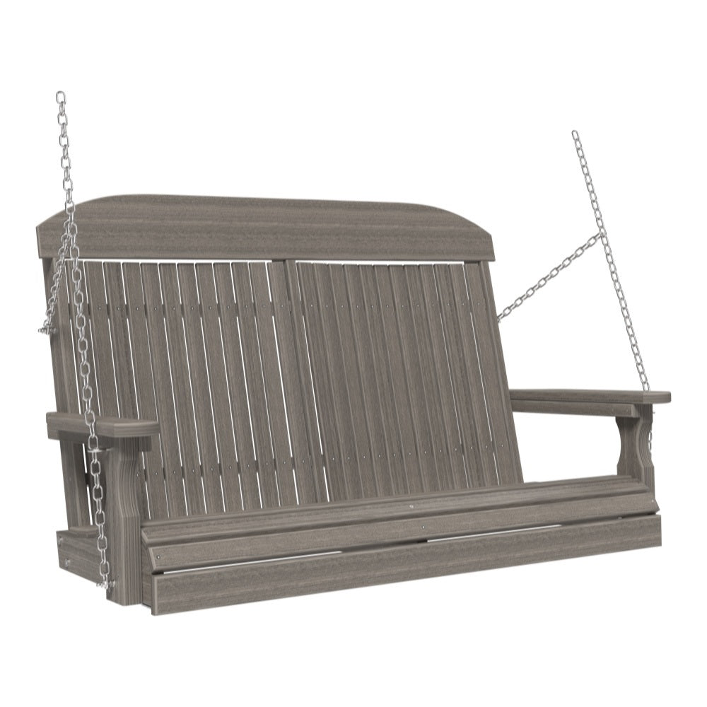 This image shows off the Coastal Gray colored Adirondack porch swing on a white background.
