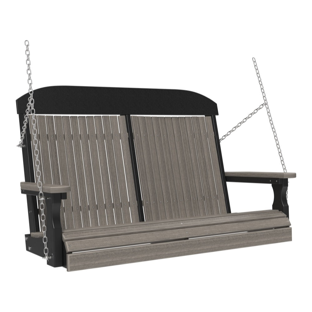 This image shows off the Coastal Gray and Black colored Adirondack porch swing on a white background.