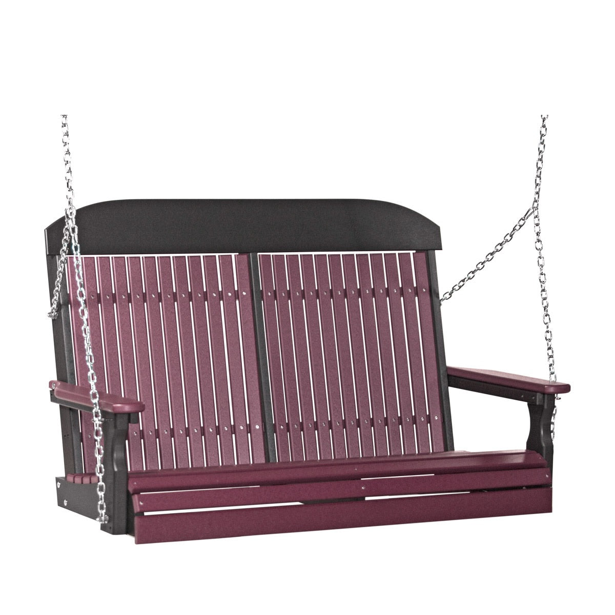 This image shows off the Cherrywood and Black colored Adirondack porch swing on a white background.