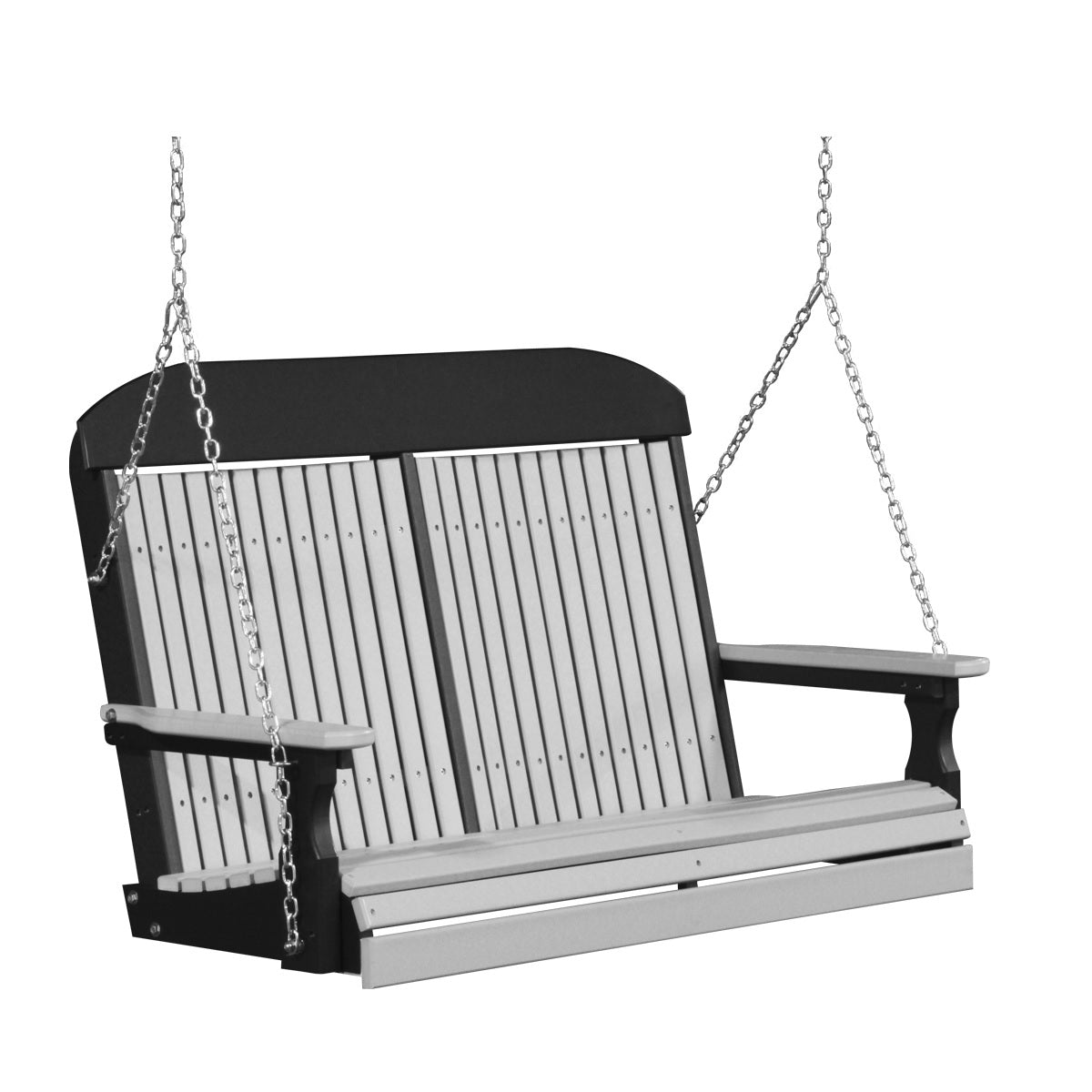 This image shows off the Dove Gray and Black colored Adirondack porch swing on a white background.