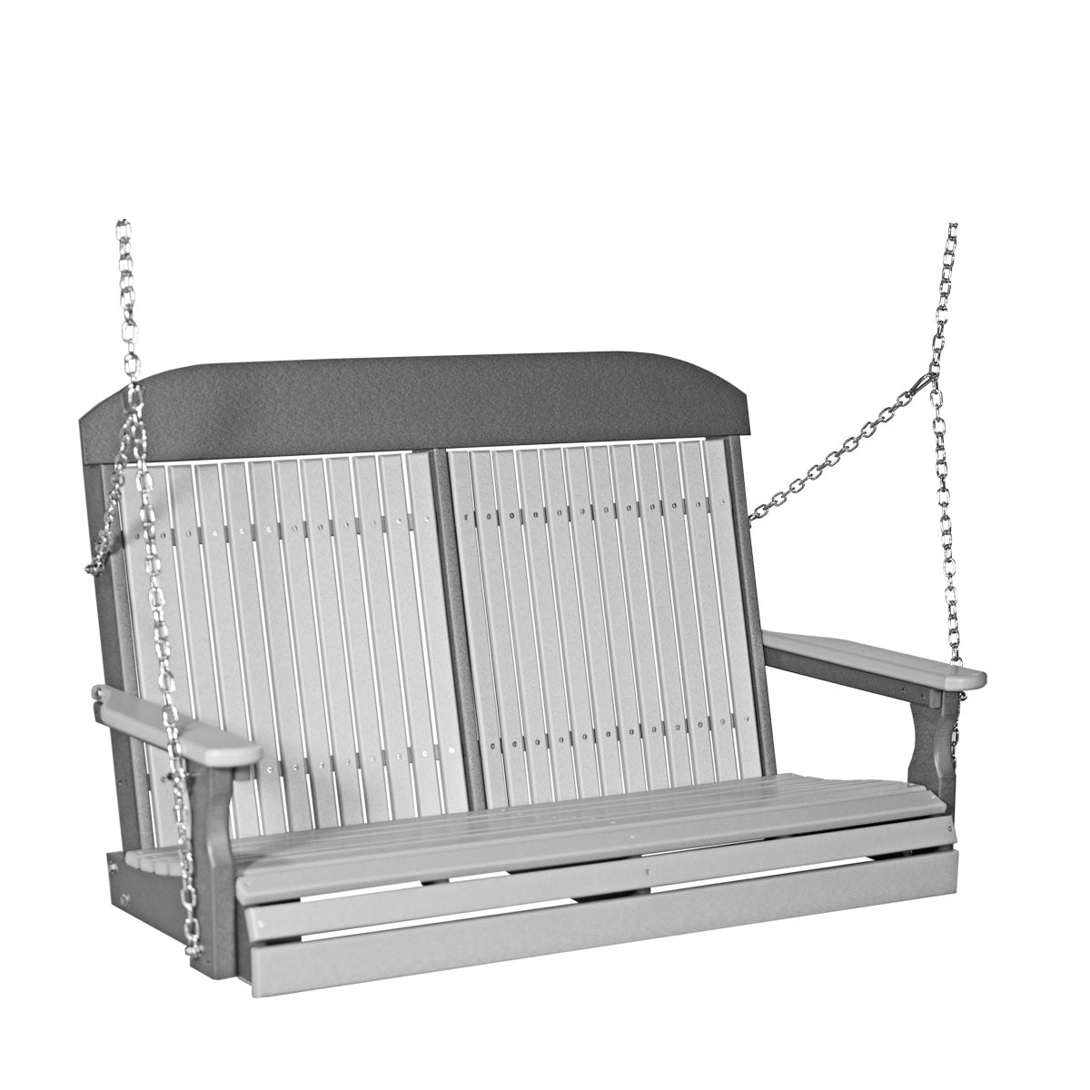 This image shows off the Dove Gray and Slate colored Adirondack porch swing on a white background.