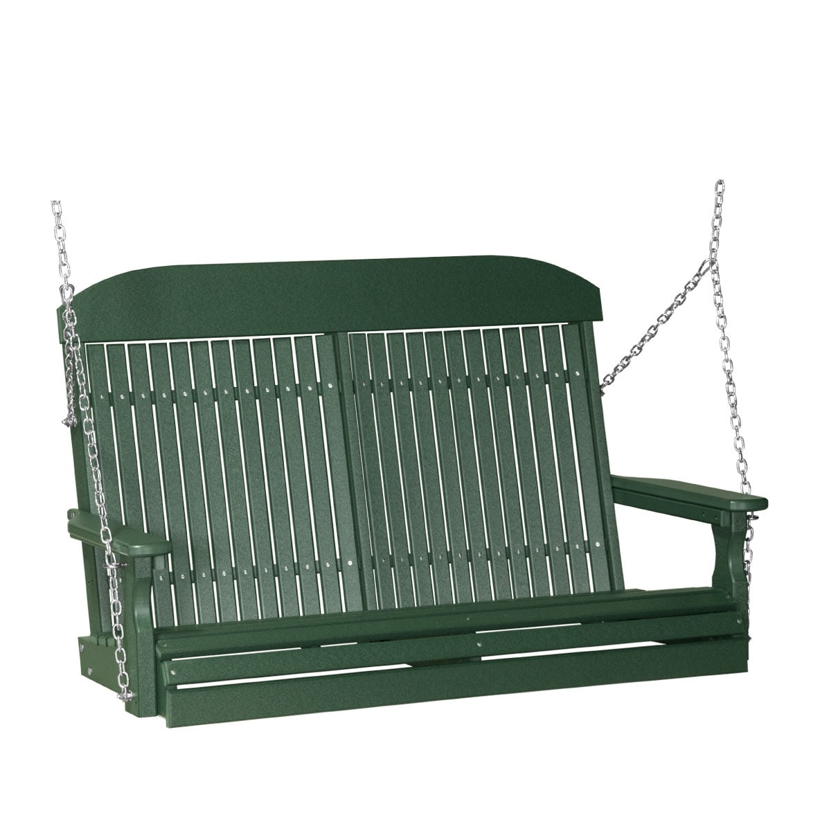 This image shows off the Green colored Adirondack porch swing on a white background.