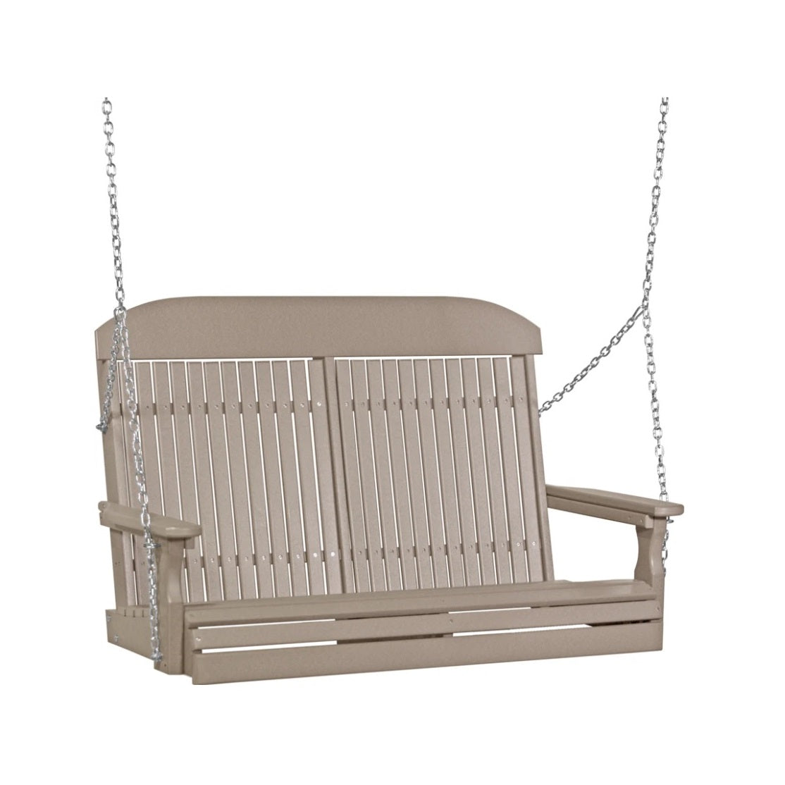 This image shows off the Weatherwood colored Adirondack porch swing on a white background.