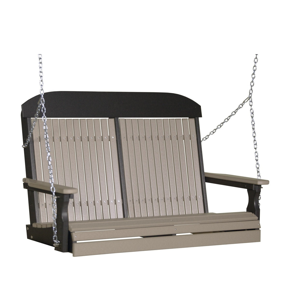 This image shows off the Weatherwood and Black colored Adirondack porch swing on a white background.