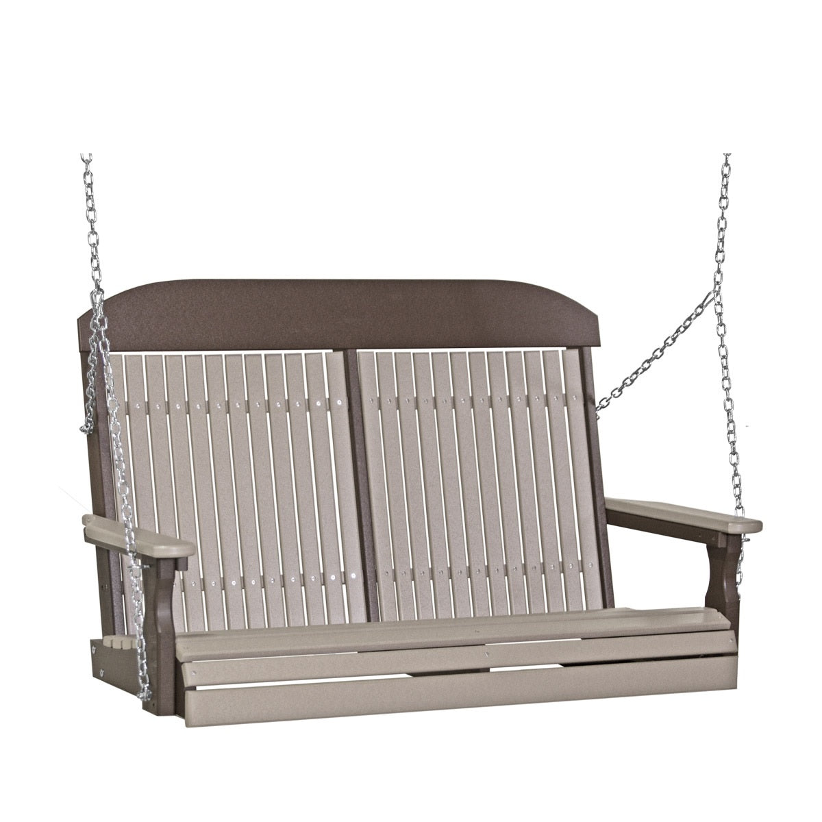 This image shows off the Weatherwood and Chestnut Brown colored Adirondack porch swing on a white background.