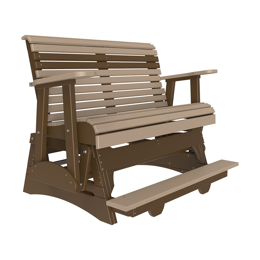 This is the Weatherwood and Chestnut Brown colored glider bench on a white background.