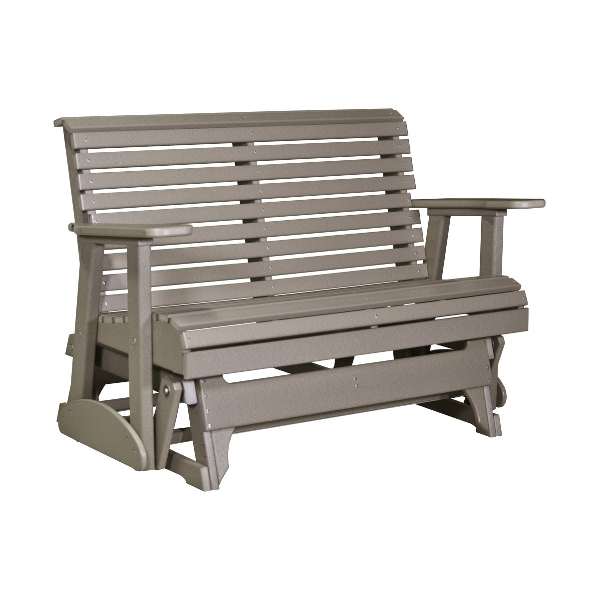 This is the Weatherwood colored glider bench on a white background.