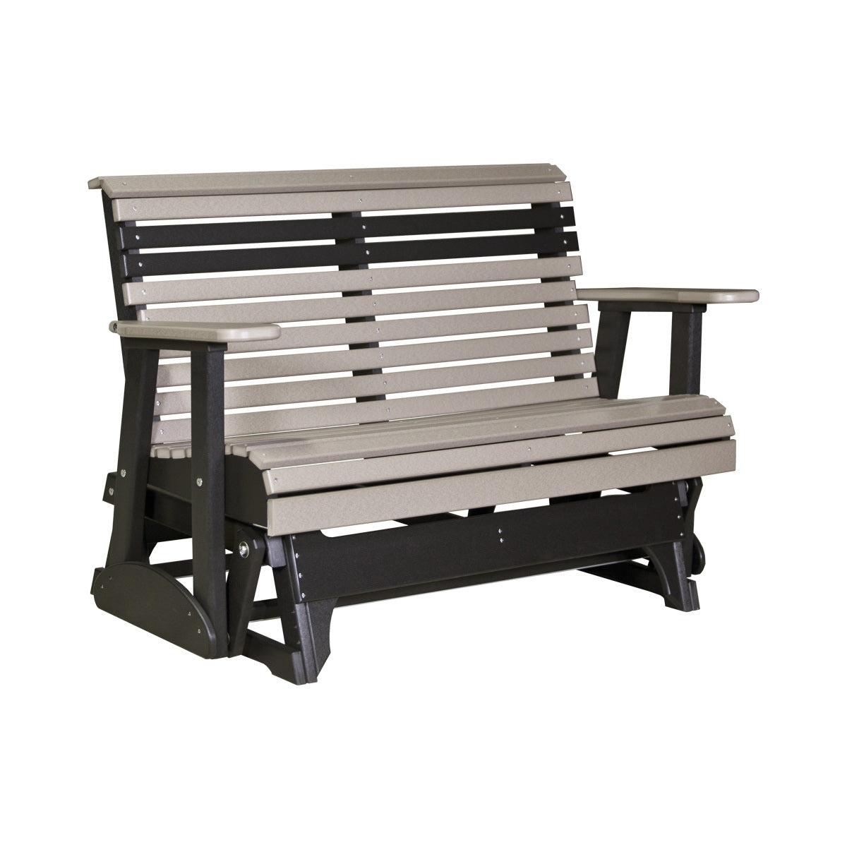 This is the Weatherwood and Black colored glider bench on a white background.