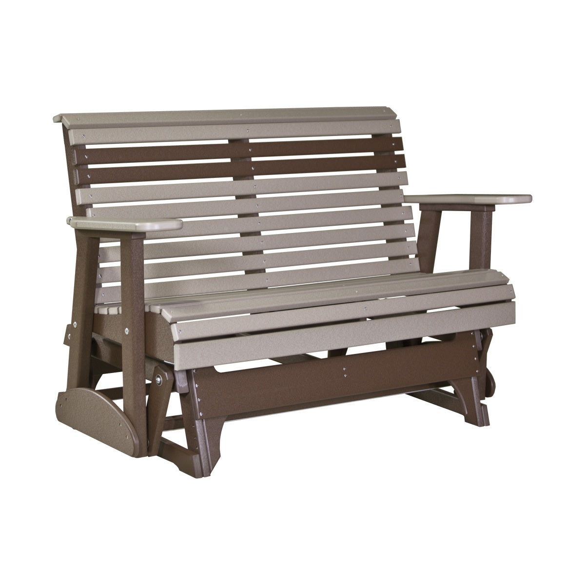 This is the Weatherwood and Chestnut Brown colored glider bench on a white background.
