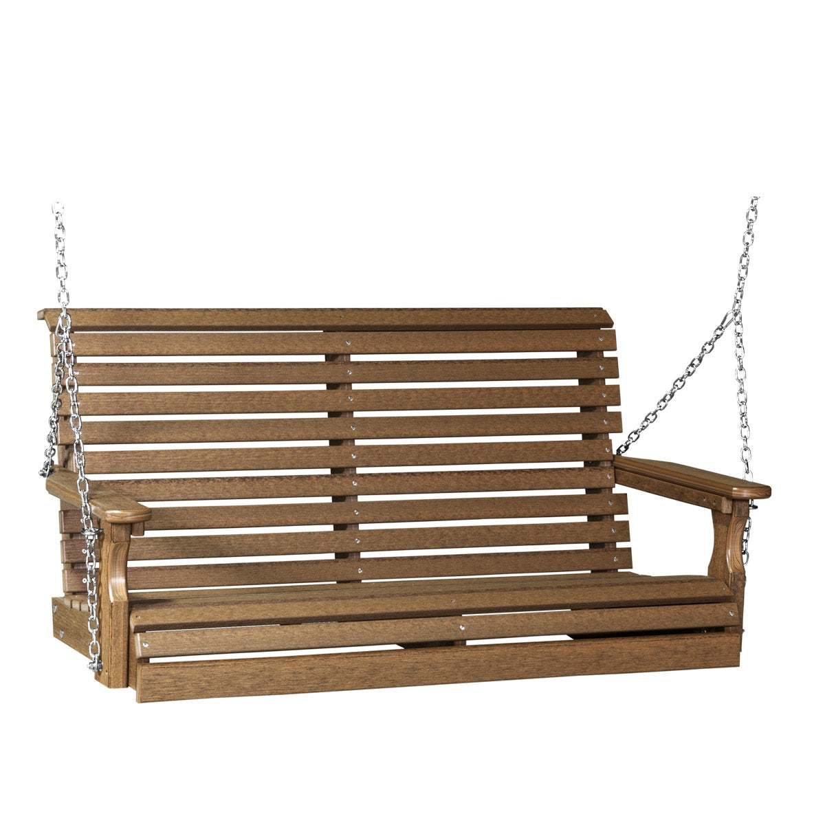 This image shows off the Antique Mahogany colored Adirondack porch swing on a white background.