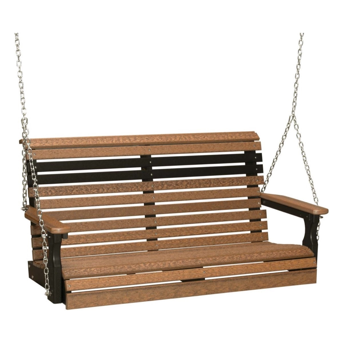 This image shows off the Antique Mahogany and Black colored Adirondack porch swing on a white background.