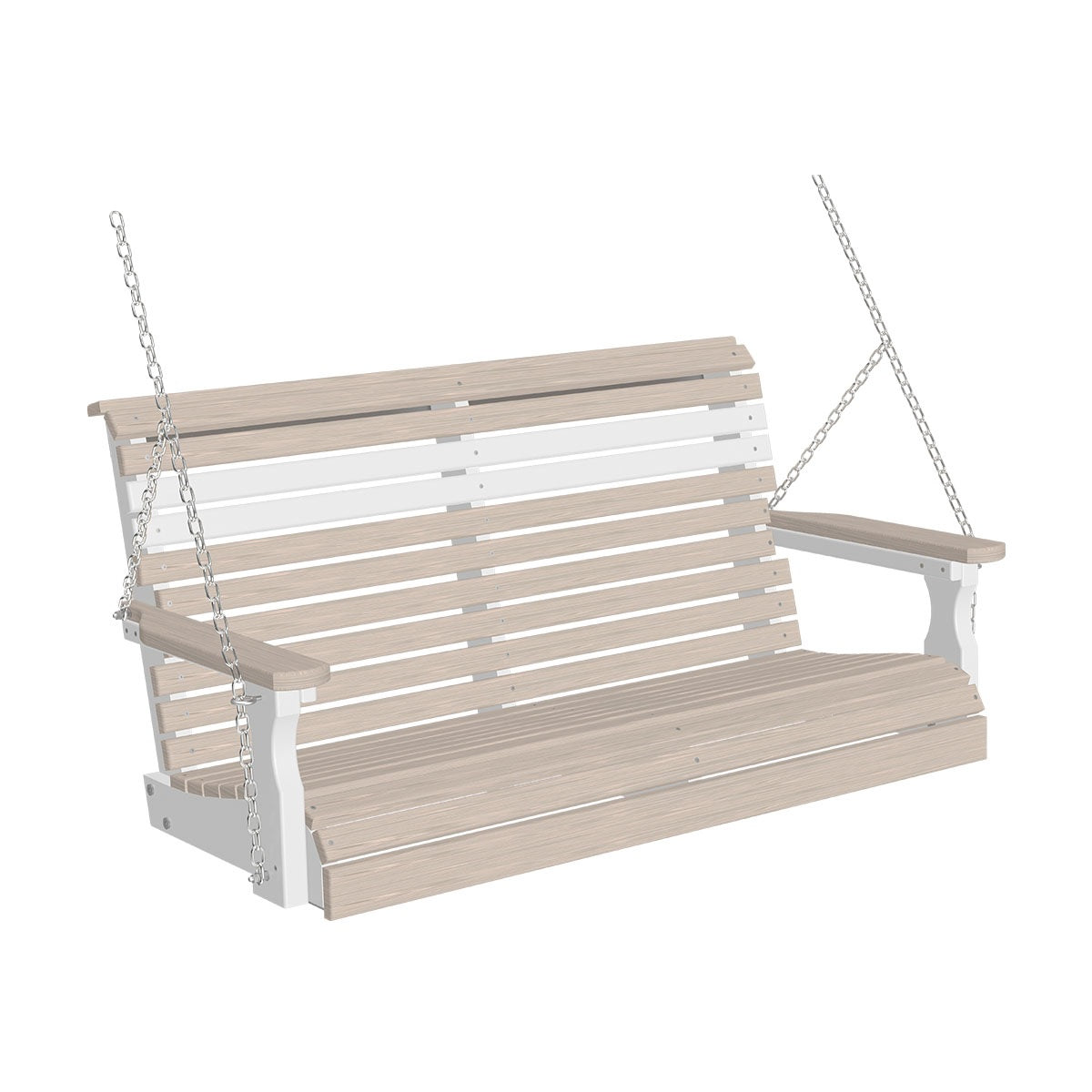 This image shows off the Birch and White colored Adirondack porch swing on a white background.