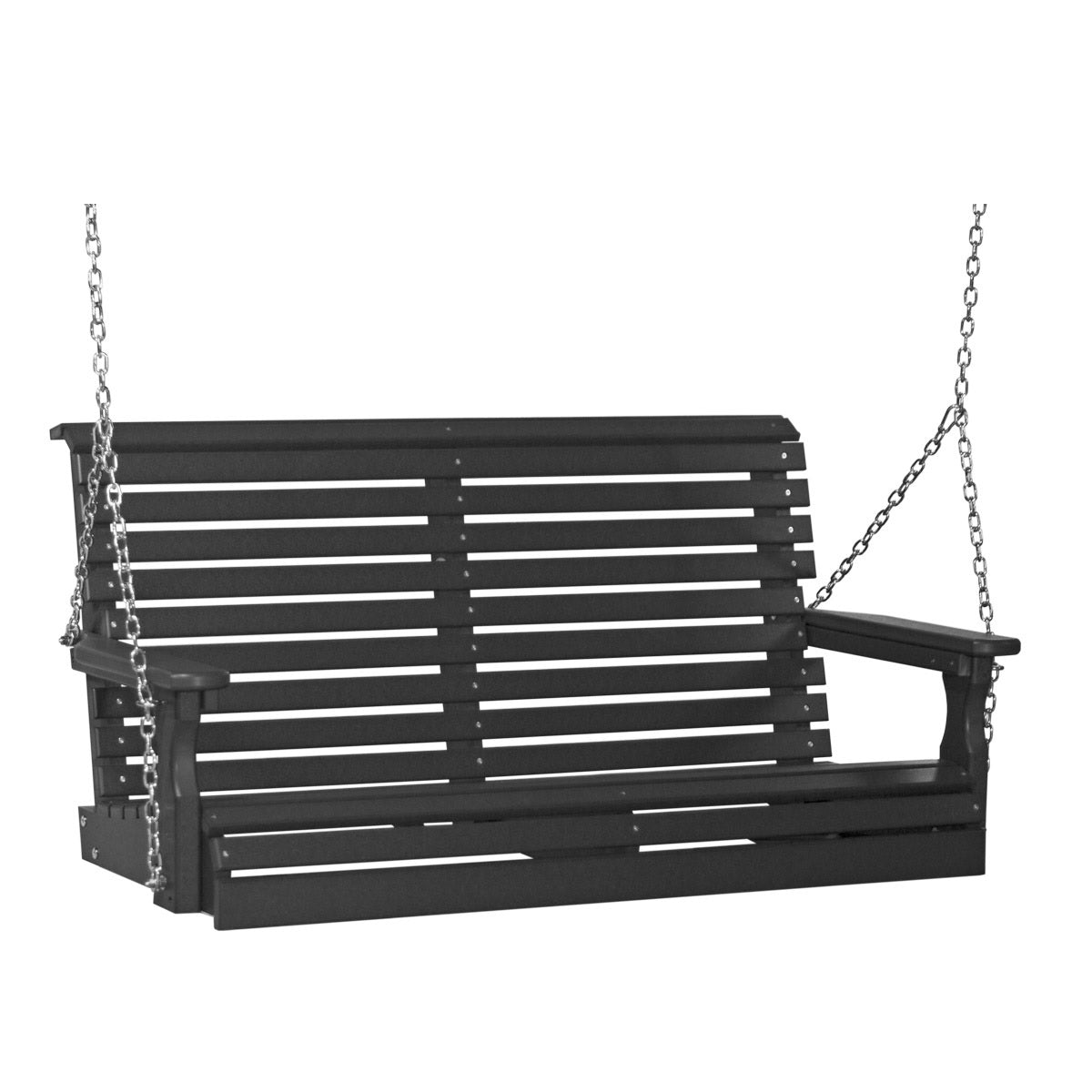 This image shows off the Black colored Adirondack porch swing on a white background.