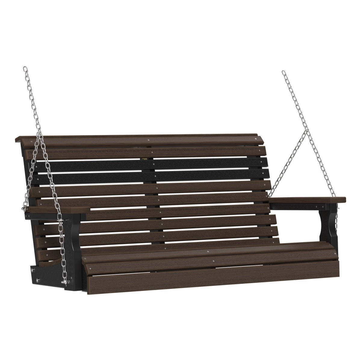 This image shows off the Brazilian Walnut and Black colored Adirondack porch swing on a white background.