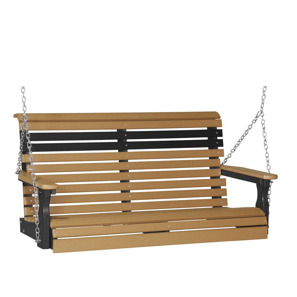 This image shows off the Cedar and Black colored Adirondack porch swing on a white background.
