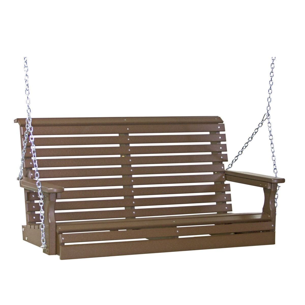 This image shows off the Chestnut Brown colored Adirondack porch swing on a white background.