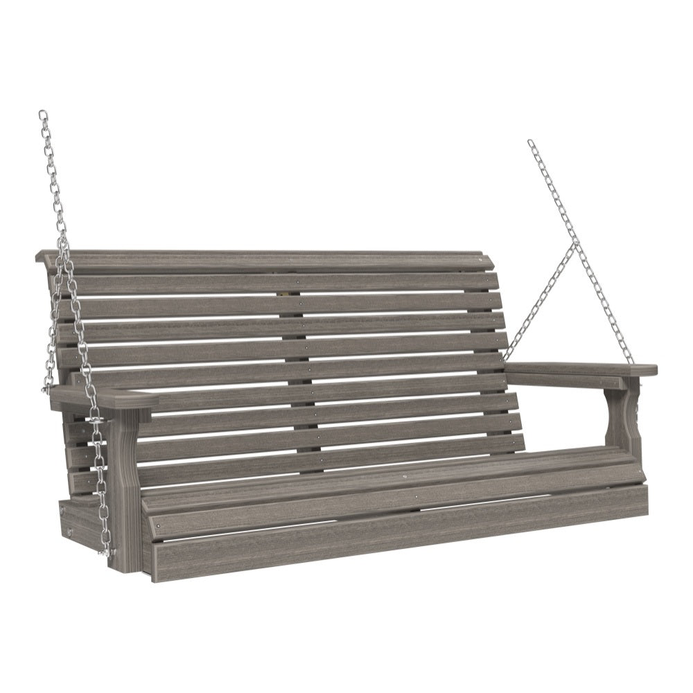This image shows off the Coastal Gray colored Adirondack porch swing on a white background.