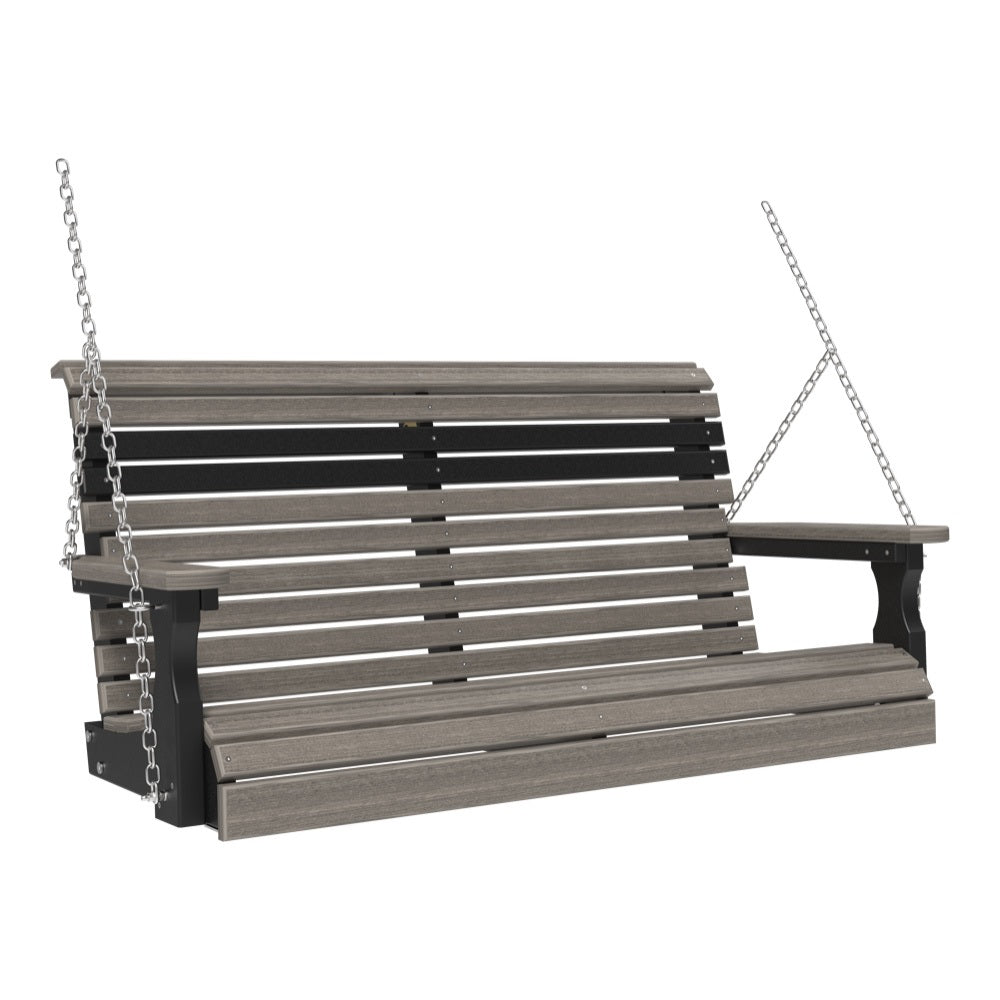 This image shows off the Coastal Gray and Black colored Adirondack porch swing on a white background.