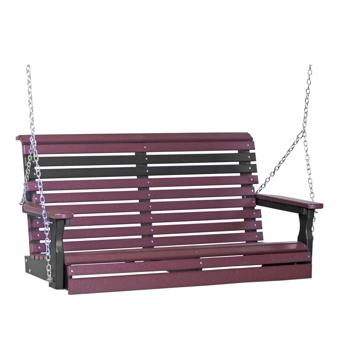 This image shows off the Cherrywood and Black colored Adirondack porch swing on a white background.