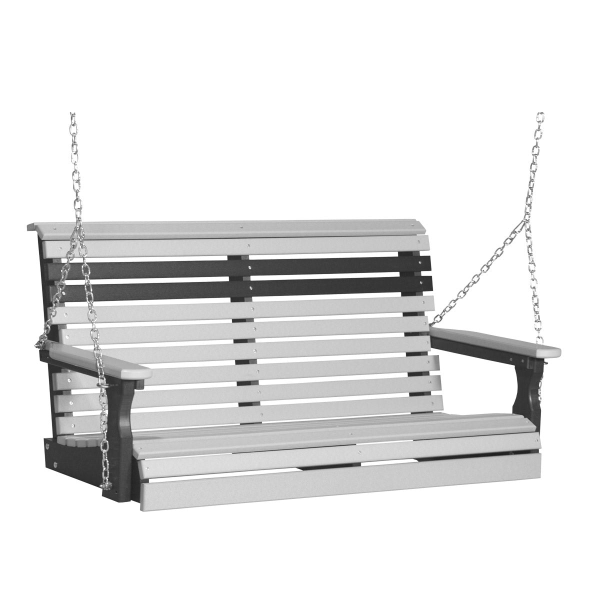 This image shows off the Dove Gray and Black colored Adirondack porch swing on a white background.