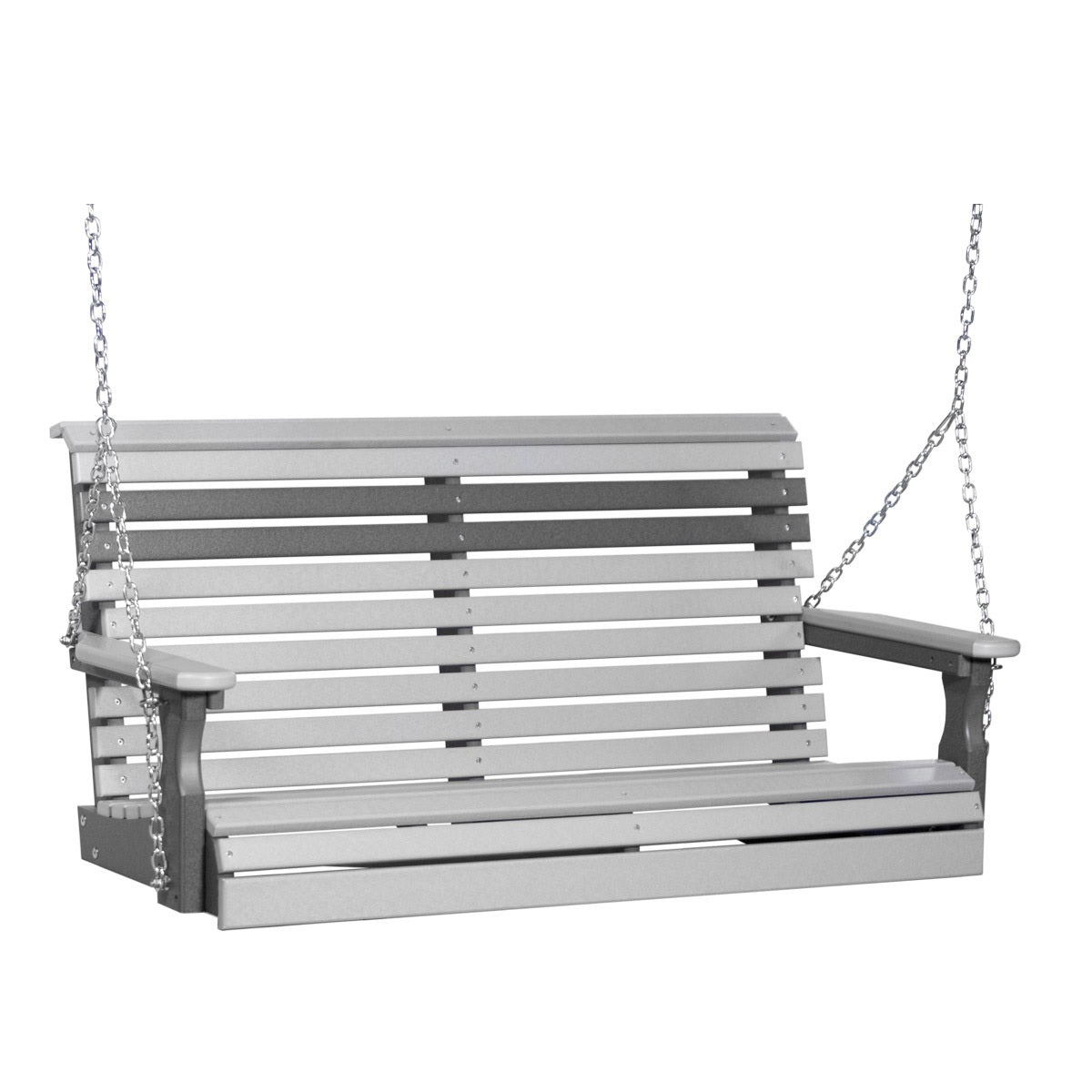 This image shows off the Dove Gray and Slate colored Adirondack porch swing on a white background.