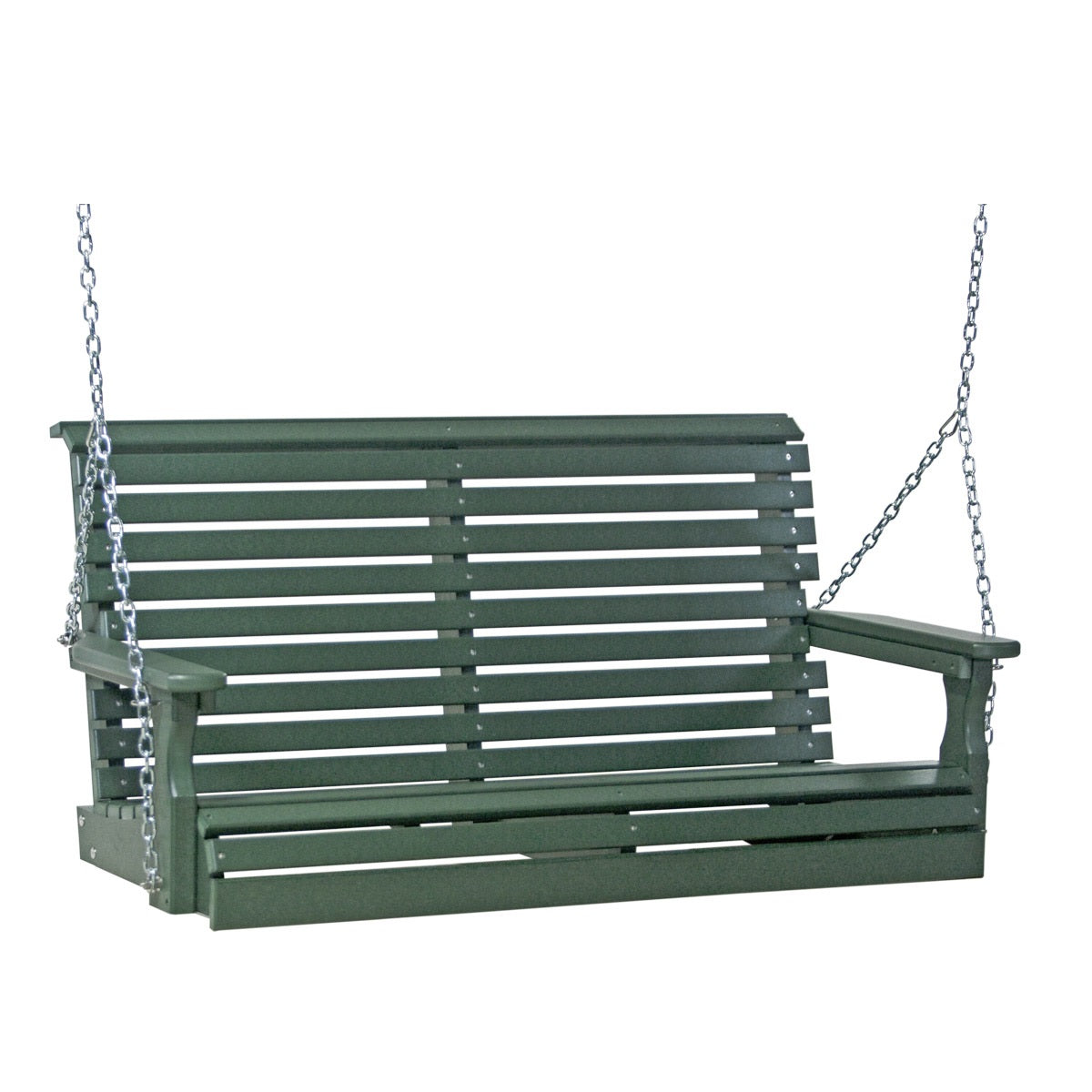 This image shows off the Green colored Adirondack porch swing on a white background.