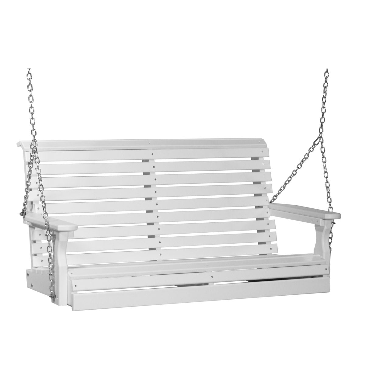 This image shows the White colored Adirondack porch swing on a white background.