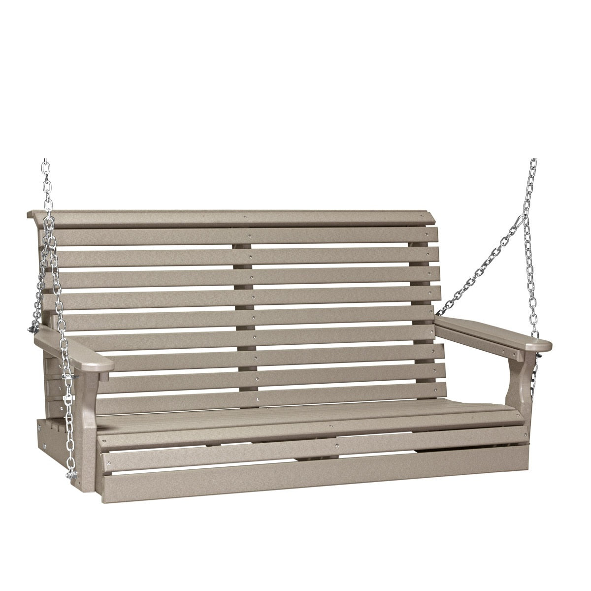This image shows off the Weatherwood colored Adirondack porch swing on a white background.