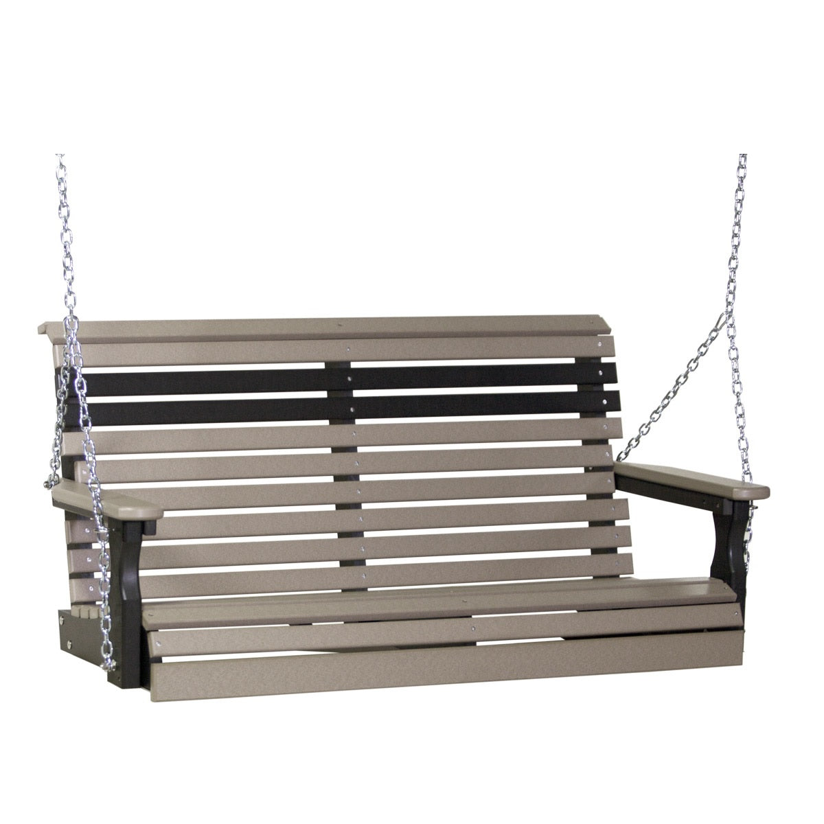 This image shows off the Weatherwood and Black colored Adirondack porch swing on a white background.