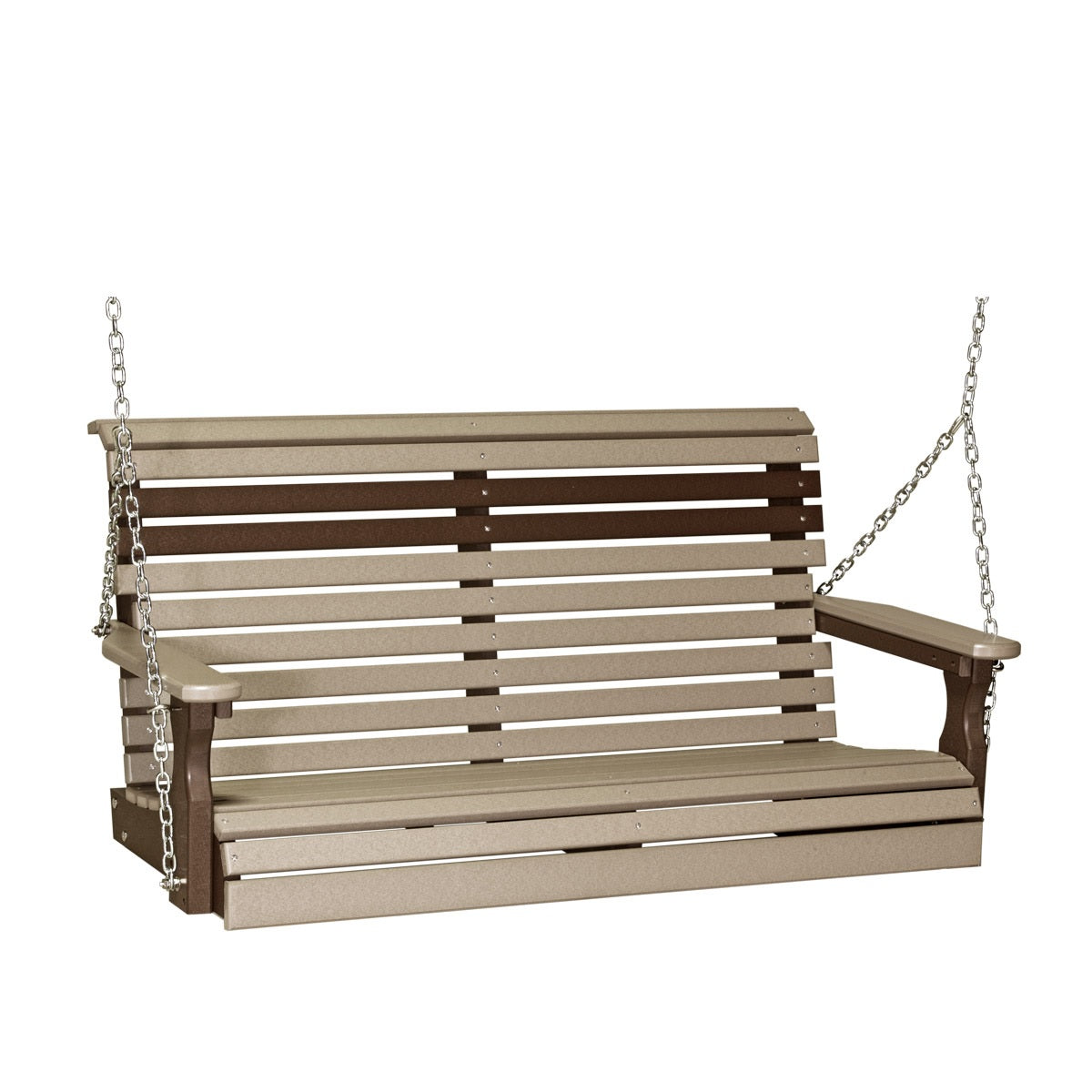 This image shows off the Weatherwood and Chestnut Brown colored Adirondack porch swing on a white background.