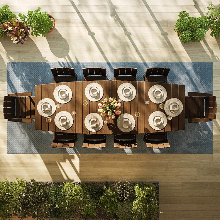 This is a lifestyle image taken from above. You can see the large Antique Mahogany colored dining table with matching chairs.
