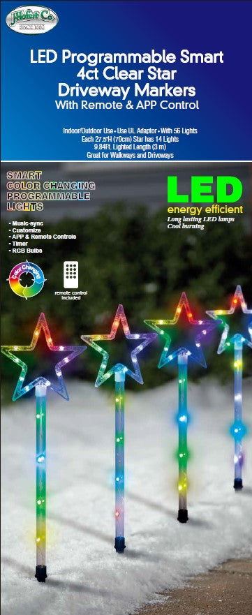 Pathway markers shaped like stars that are pre-lit with LED lights that can be controlled by an app.