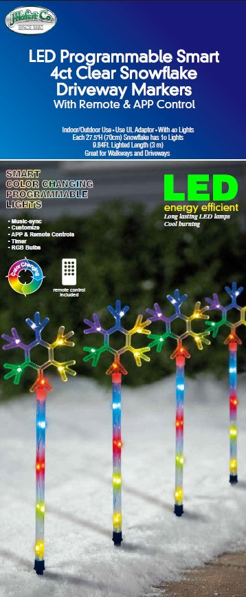 Pathway markers shaped like snowflakes. Pre-lit with LED lights that are controlled by an app.