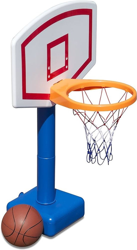 Pool basketball hoop with basketball.