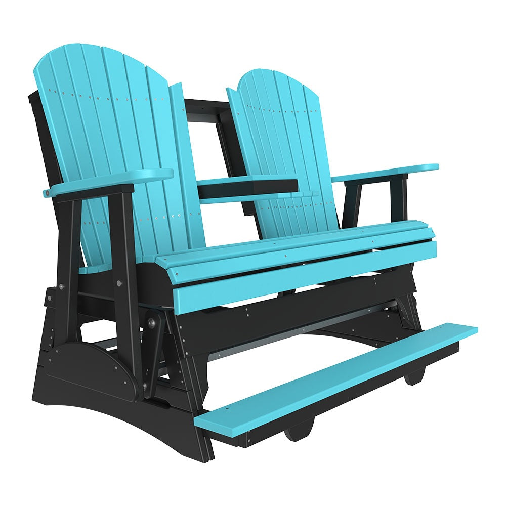 This is an Aruba Blue and Black colored Adirondack balcony glider bench on a white background.