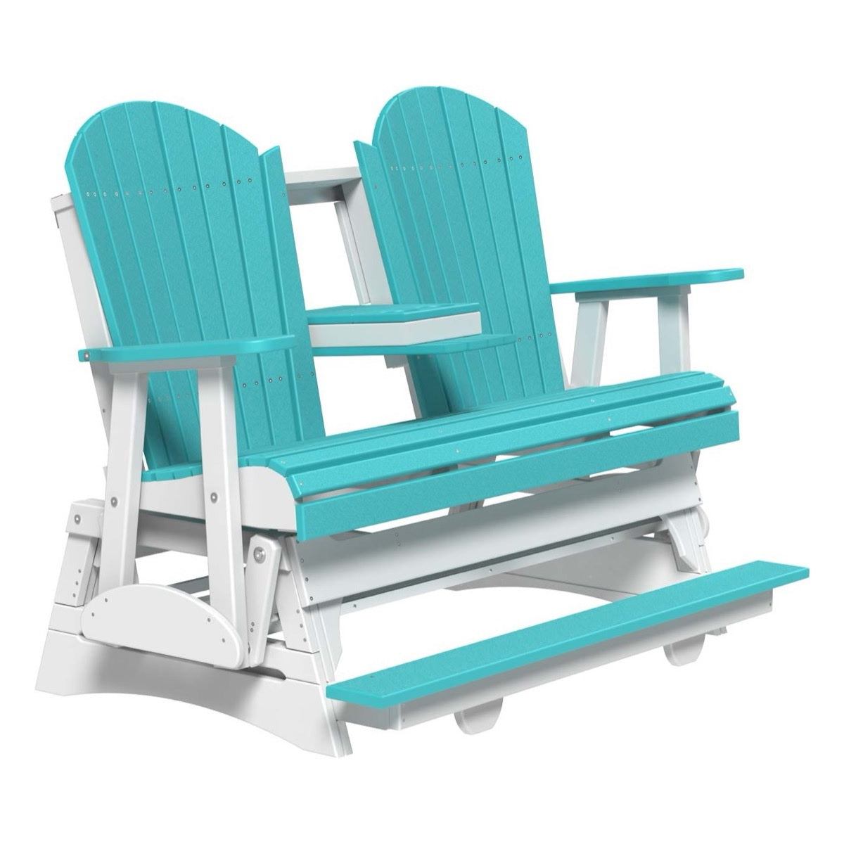 This is an Aruba Blue and White colored Adirondack balcony glider bench on a white background.