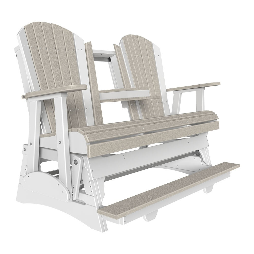 This is a Birch and White colored Adirondack balcony glider bench on a white background.