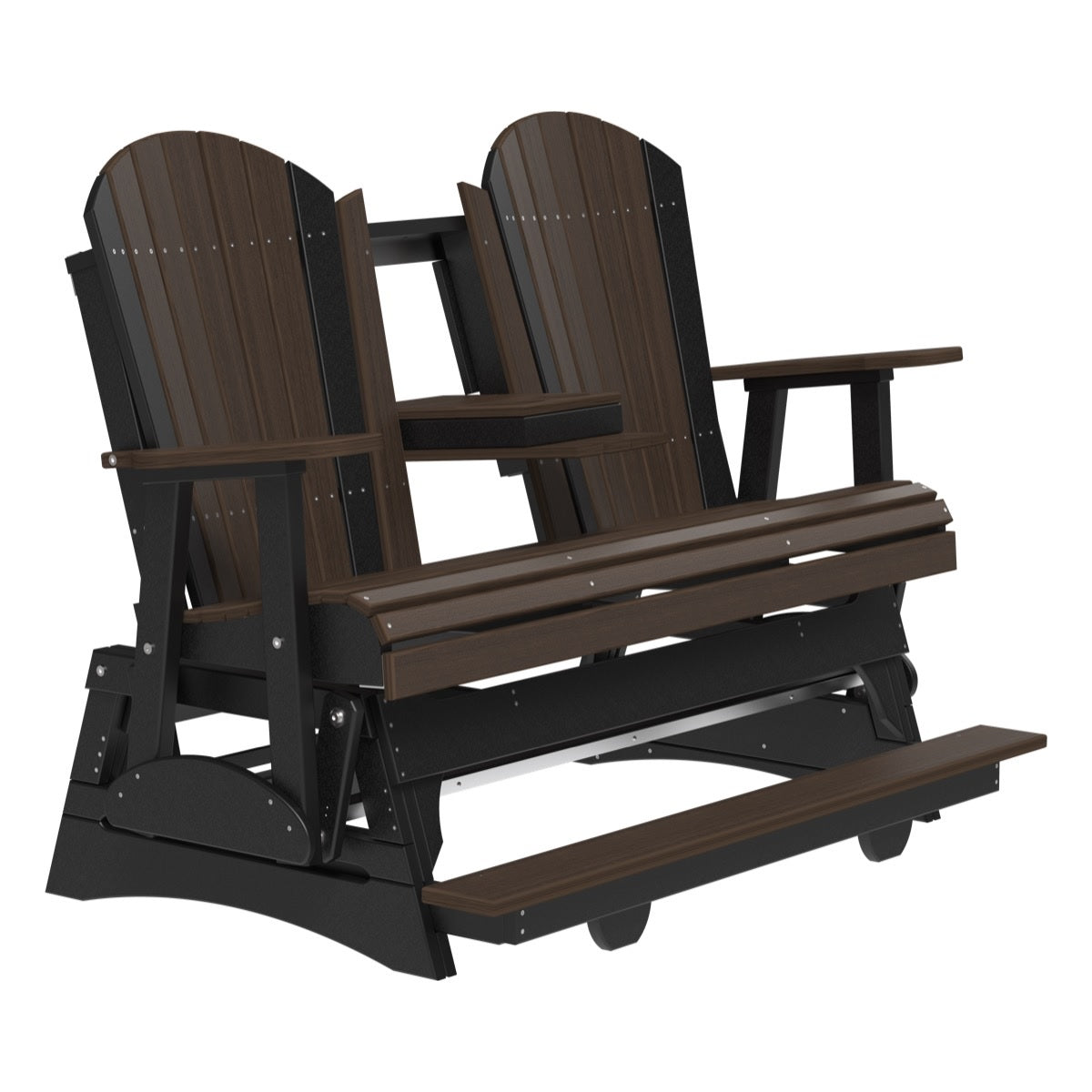 This is a Brazilian Walnut and Black colored Adirondack balcony glider bench on a white background.