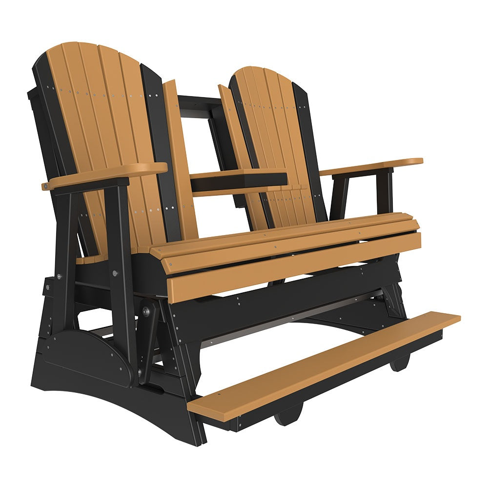 This is a Cedar and Black colored Adirondack balcony glider bench on a white background.