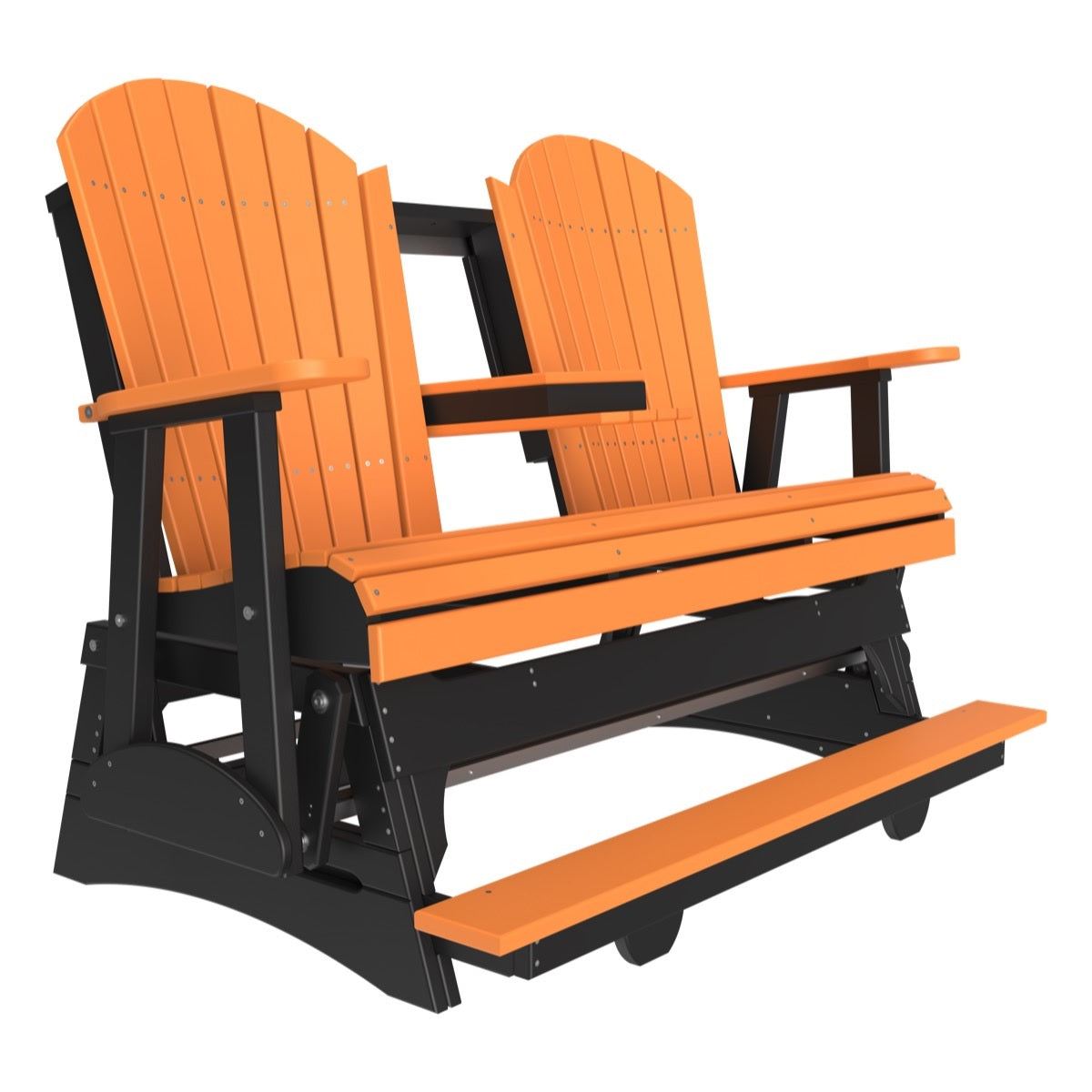 This is a Tangerine and Black colored Adirondack balcony glider bench on a white background.