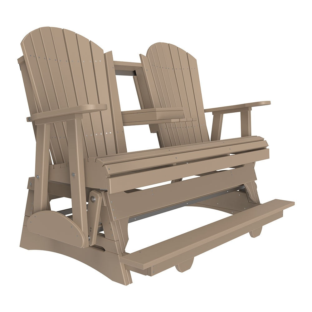 This is a Weatherwood colored Adirondack balcony glider bench on a white background.