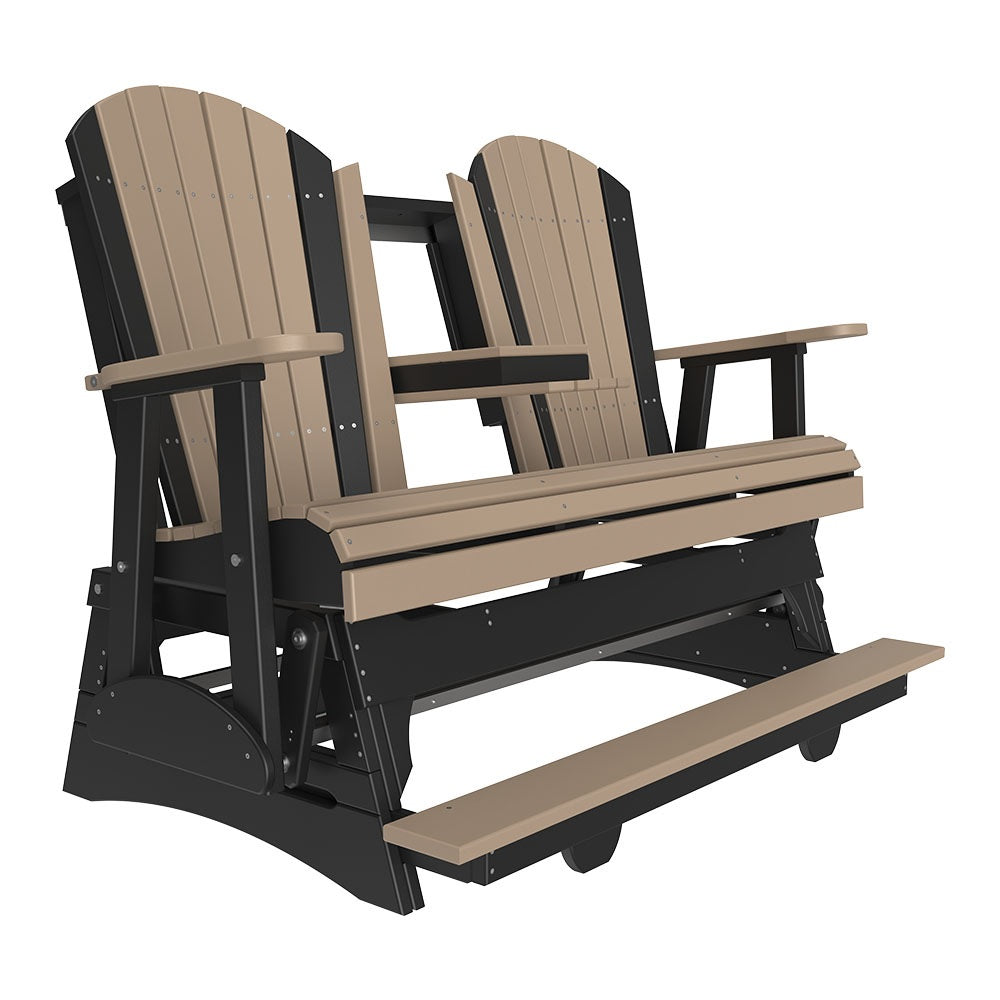 This is a Weatherwood and Black colored Adirondack balcony glider bench on a white background.