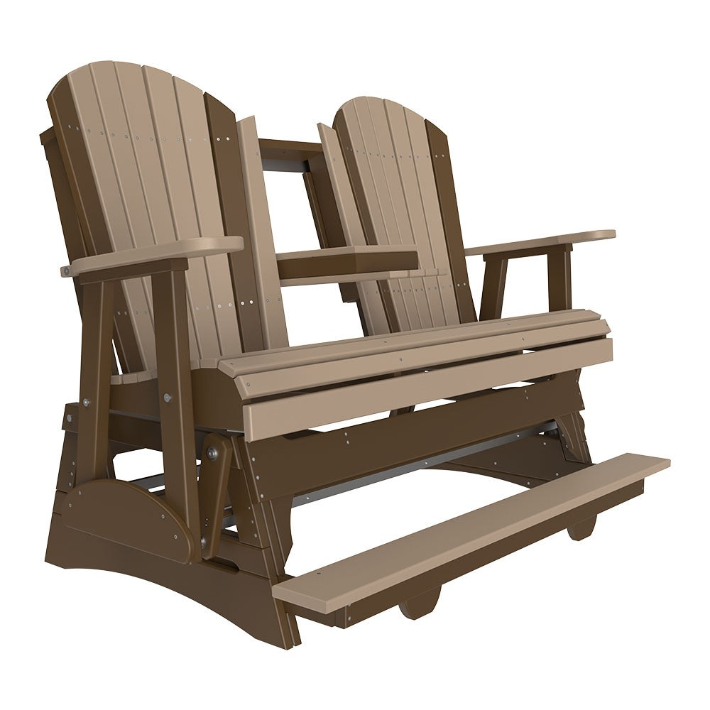 This is a Weatherwood and Chestnut Brown colored Adirondack balcony glider bench on a white background.